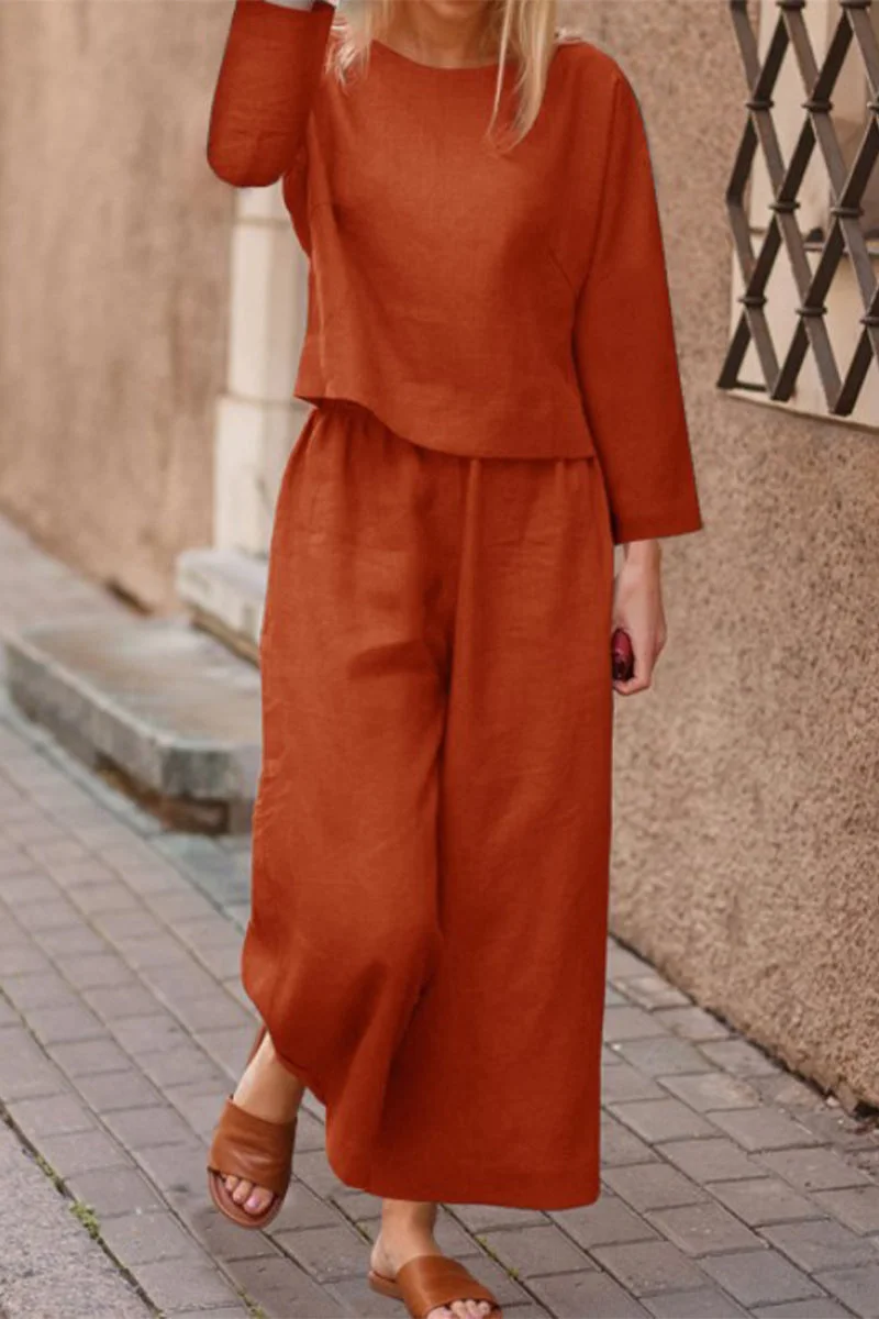Casual Solid Color O Neck Long Sleeve Two Pieces Linen Set