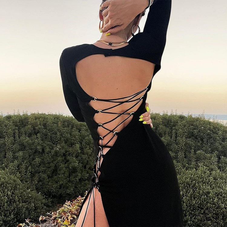 Fall 2022 Fashion Bandage Long Sleeve Sexy Backless Maxi Dress Women Clothing Elegant Club Party Split Dresses - BlackFridayBuys