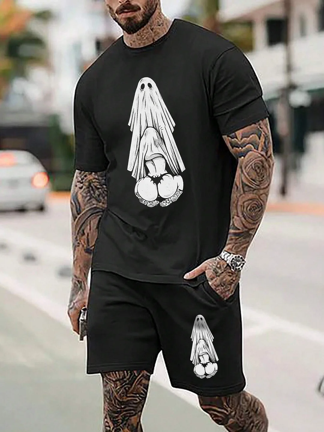 Ghost with Sexy Lady Black T-shirt and Shorts Printed Suit