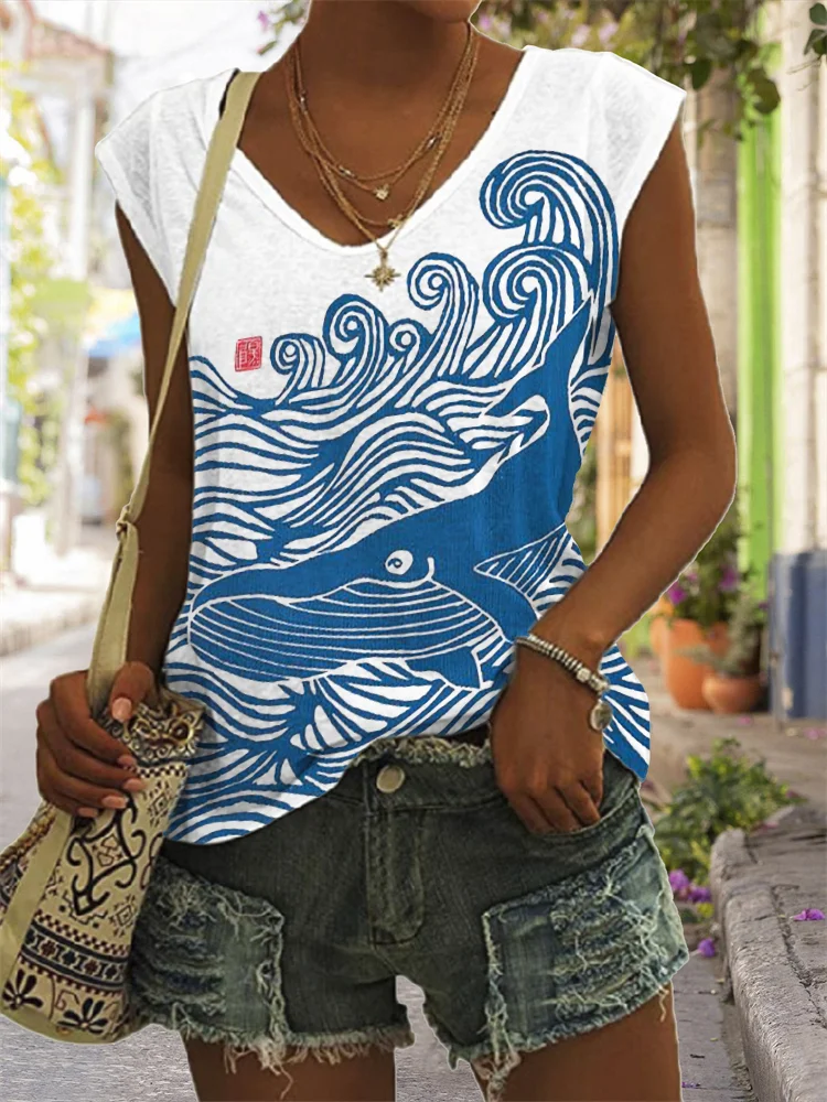 Comstylish Whale & Waves Japanese Lino Art V Neck Tank Top