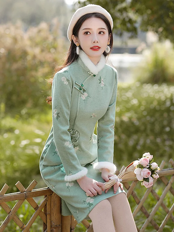 Urban Embroidered Winter A-Line Mini Dress Short Cheongsams