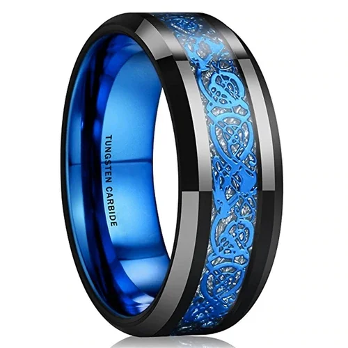 Men's Women Black and Blue Celtic Dragon KnotTungsten 4MM 6MM 8MM 10MM Carbide Wedding Rings Band. Inner and Outer Blue Tone with Resin Inlay Over Meteorite Style Design Tungsten Ring