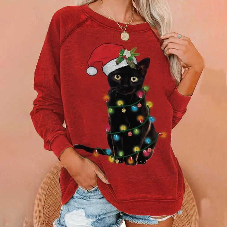 Vefave Casual Christmas Cat Print Long Sleeve Sweatshirt