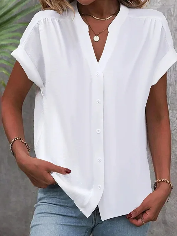 Loose Raglan Sleeve Buttoned Solid Color V-Neck Blouses&Shirts Tops
