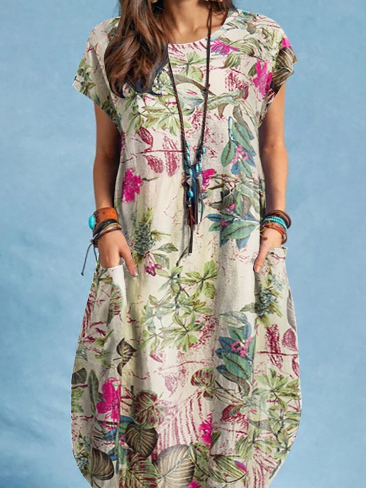Cotton Plant Print Pocket Short Sleeve Casual Dress