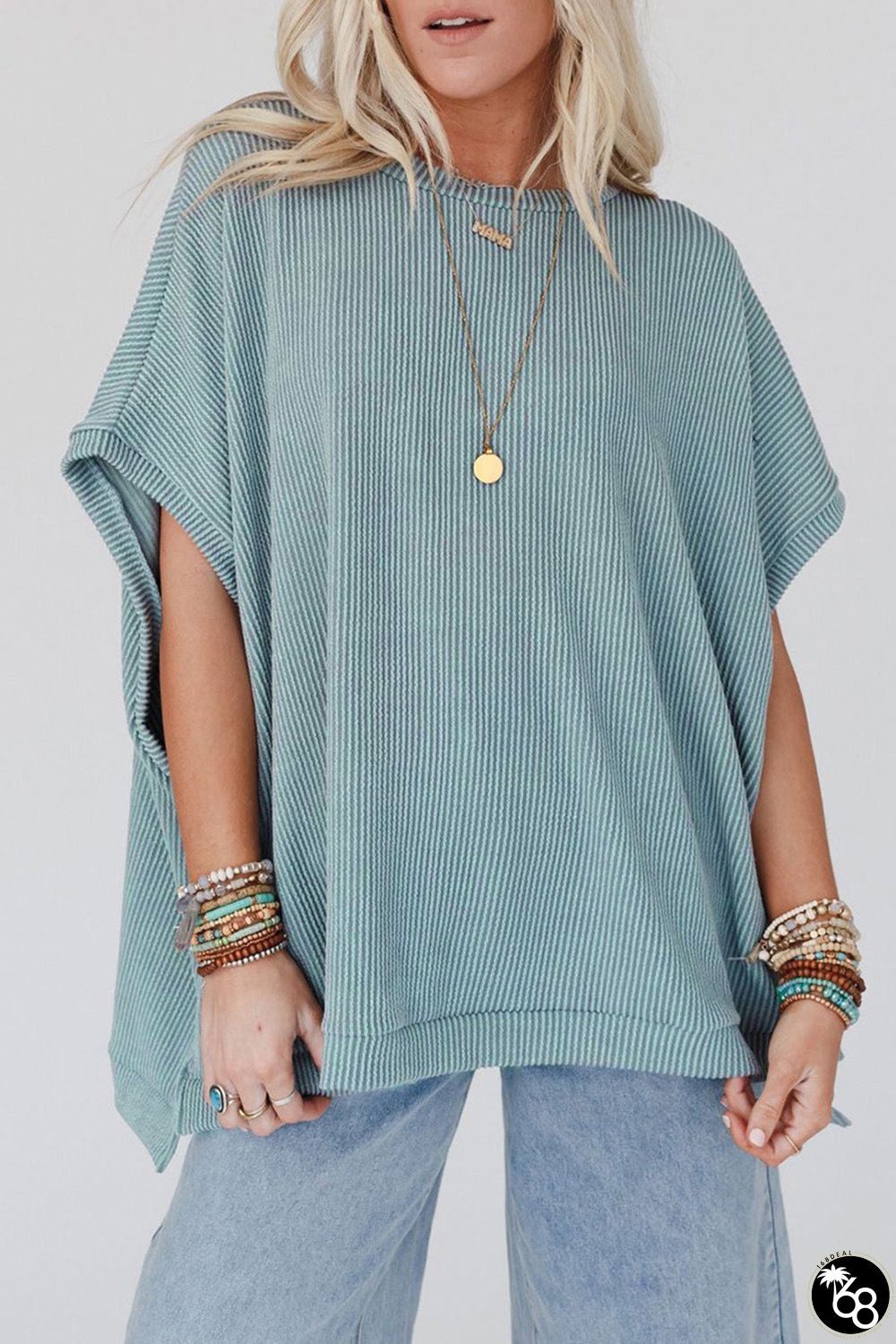 Ribbed Knit Batwing Sleeve Tunic Oversized T Shirt | 168DEAL
