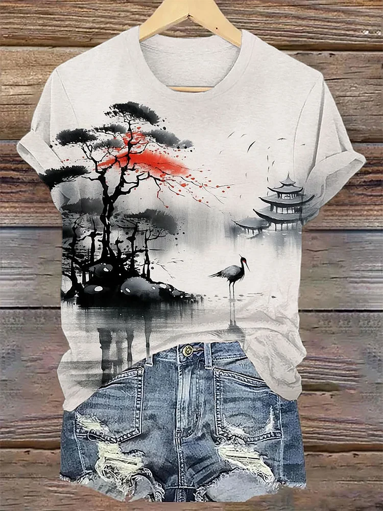 Women's Lake and Crane Ink Painting Print Crew Neck Top socialshop