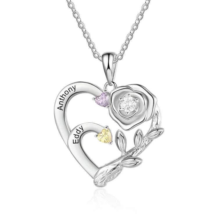 Personalized Mother Rose Necklace 2 Stones Engraved 2 Names Birthstone Intertwined Heart Pendant