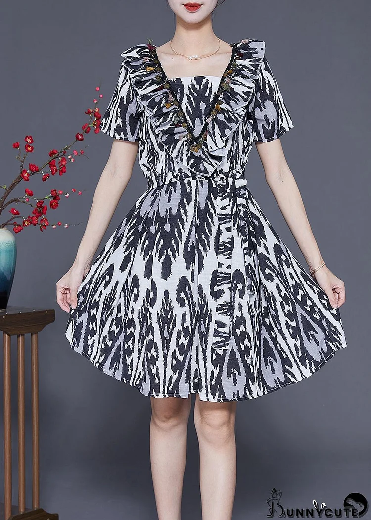 Art Black Ruffled Patchwork Print Linen Dress Summer