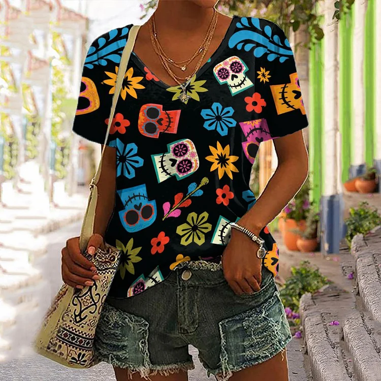 Vefave Floral Skull Print Short Sleeve T-Shirt