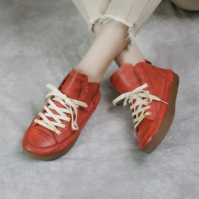Women's Leather Booties Round Toe Lace-Up Flat Ankle Boots Handmade in Red/Brown