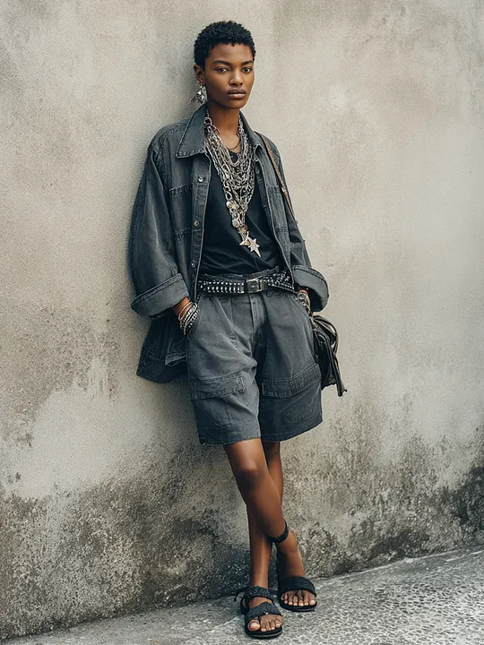 Women's Streetwear Dark Grey Washed Denim Collared Jacket And Matching Cargo Wide-Leg Denim Shorts Set MD