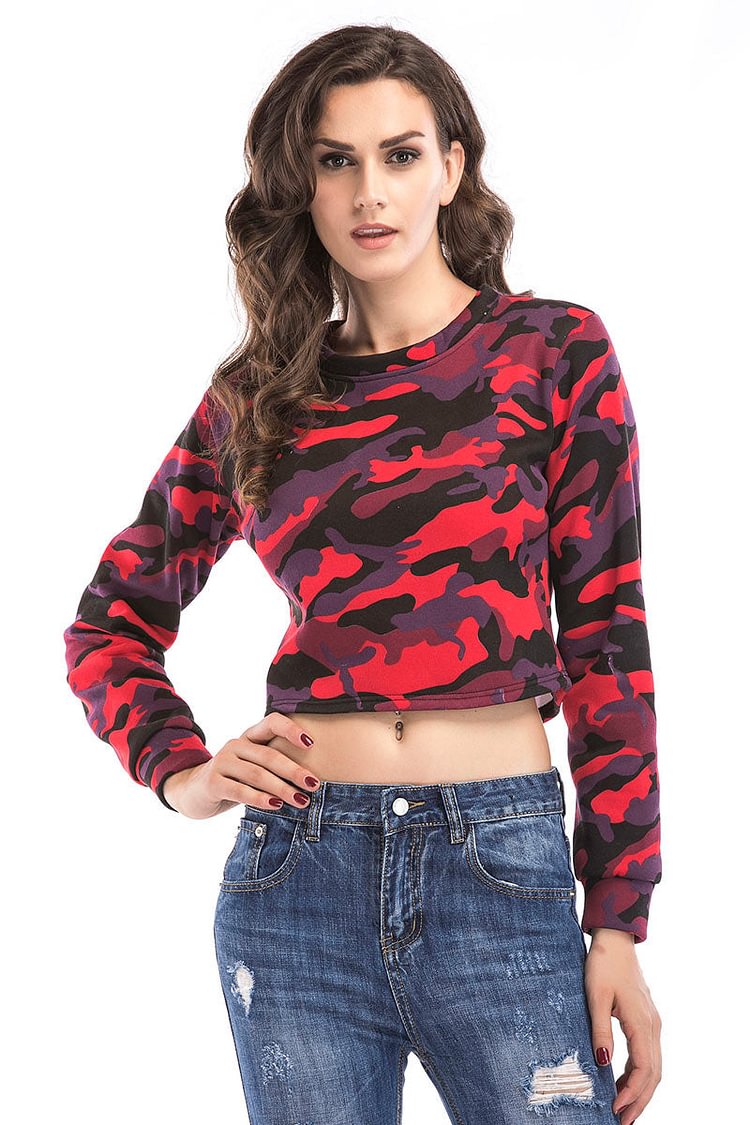 Camouflage Print Crop Pullover Sweatshirt - Shop Trendy Women's Clothing | LoverChic