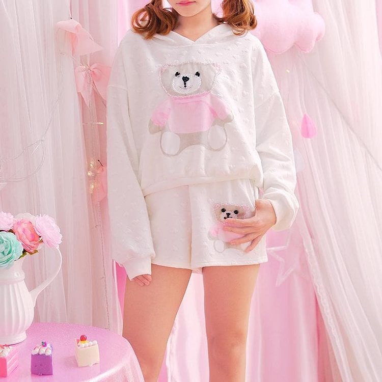 White Kawaii Bear Hoodie Short Set SP1811597