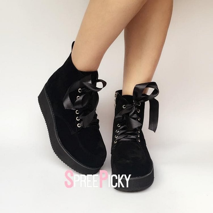 Black Punk Ribbon Lace Platform Sneakers SP1710044