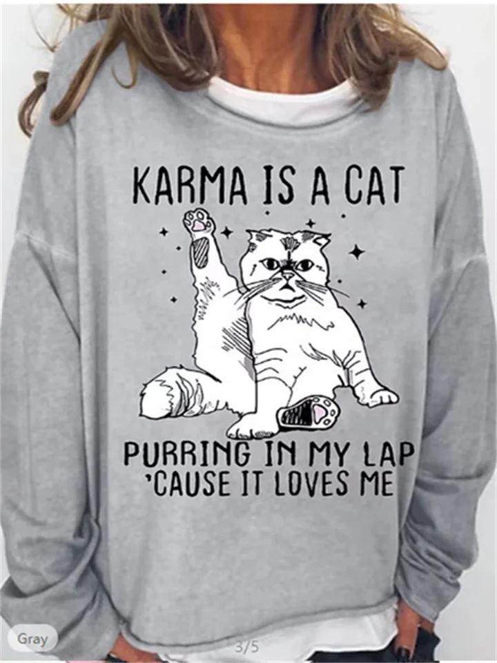Women's Sweatshirt Pullover KARMA IS A CAT Printed Garden Neck Printed Sweatshirt