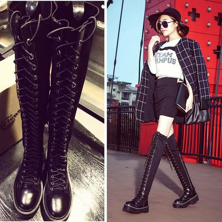 Black Gothic Laced Zipper High Boots SP14174