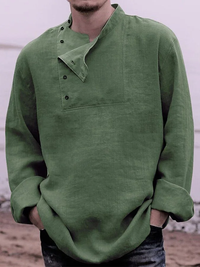 Men's Cotton Linen Fashion Casual Stand Collar Shirt socialshop