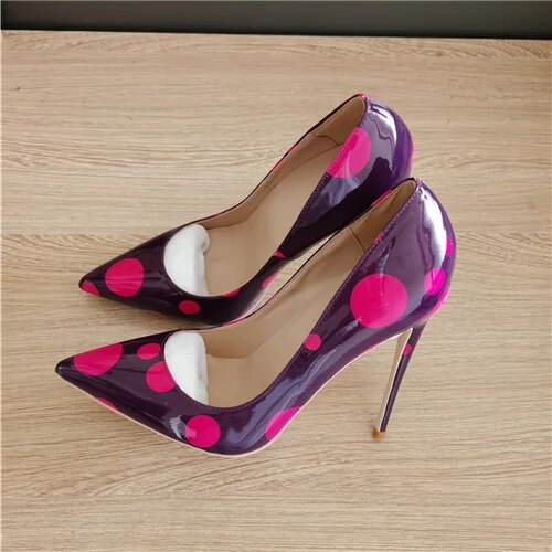 VCshoes Purple Rose Polka Dot Women PU Leather D'Orsay Pointy Toe 12cm High Heel Party Wedding Shoes Stiletto Pumps QP166