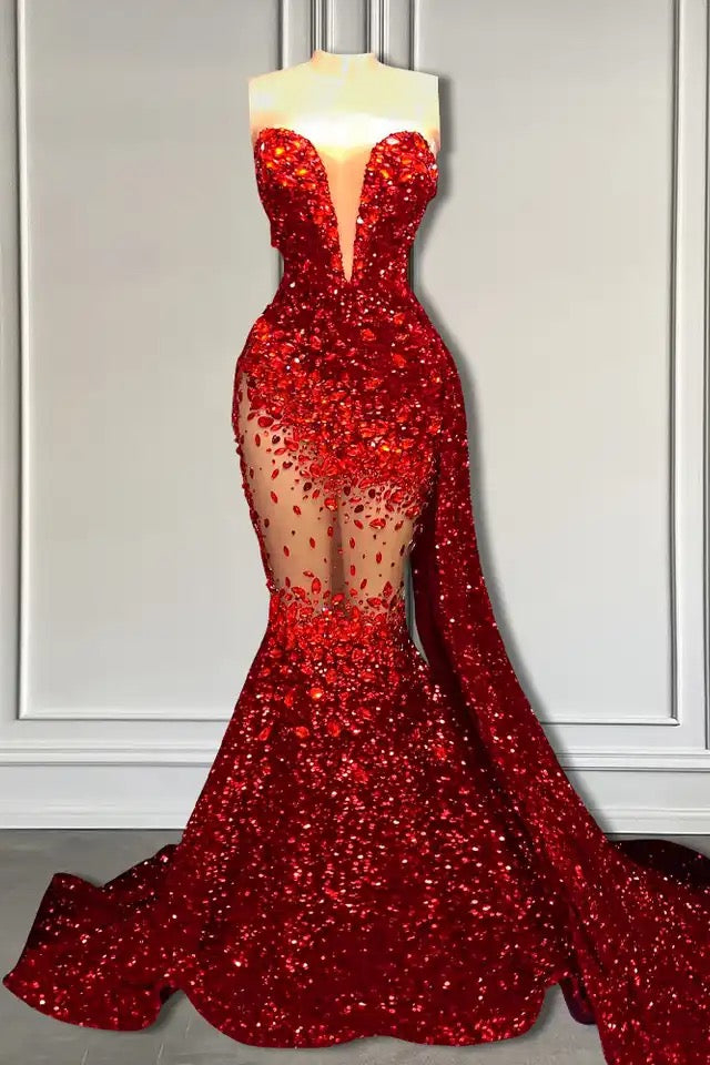 Dresseswow Red Sweetheart Sequins Evening Dress Mermaid With Ruffle