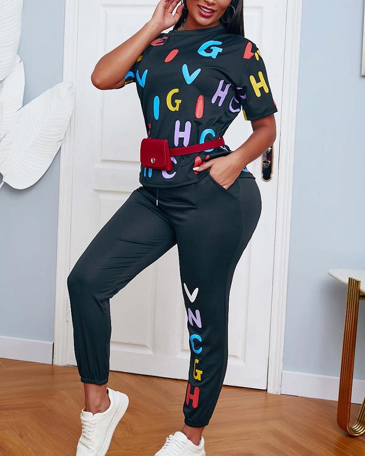 Letter Print Round Neck Tee & Pants Set - Shop Trendy Women's Clothing | LoverChic