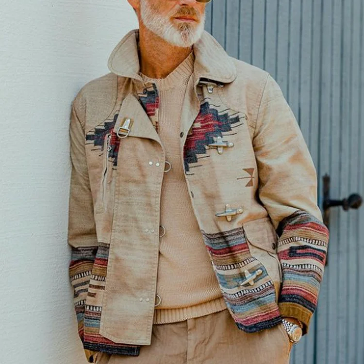 Men's Vintage Geometric Print Single-Breasted Khaki Jacket