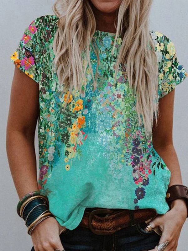 VChics Green Floral Art Print Short Sleeve T Shirt