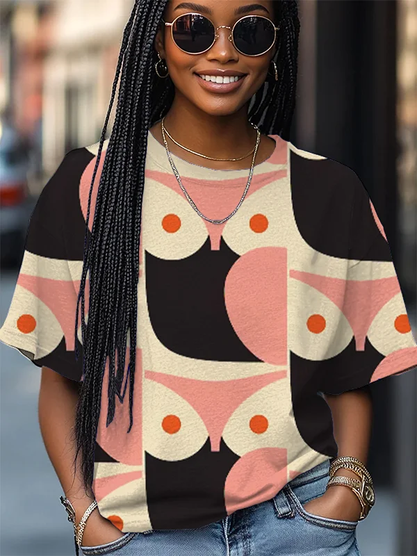 Women's Owl Abstract Color Block Print Casual T-Shirt