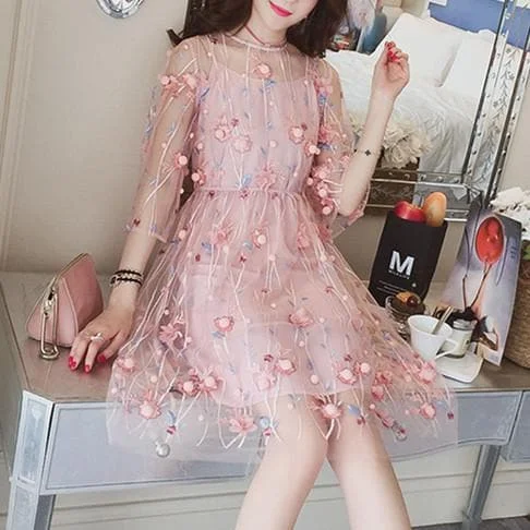 Pink/Light Pink/Black Sweet Flower Gauze Dress Set SP1812131