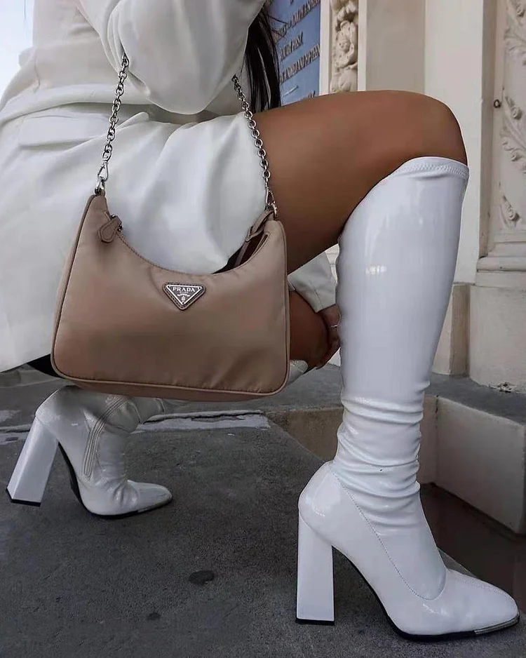 Square Toe Block Heel Shiny Leather Side Zip Boots