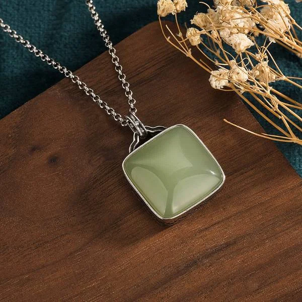 Natural Jade Square Blessing Pendant Necklace