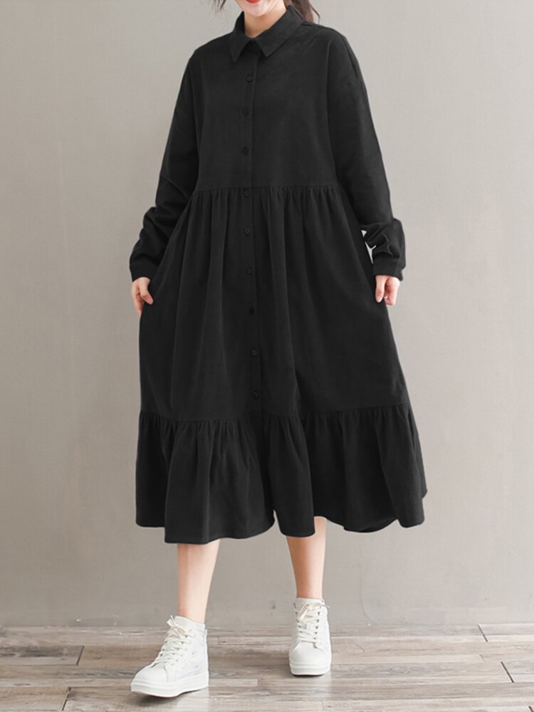 Solid Color Corduroy Patchwork Button Loose Casual Dress