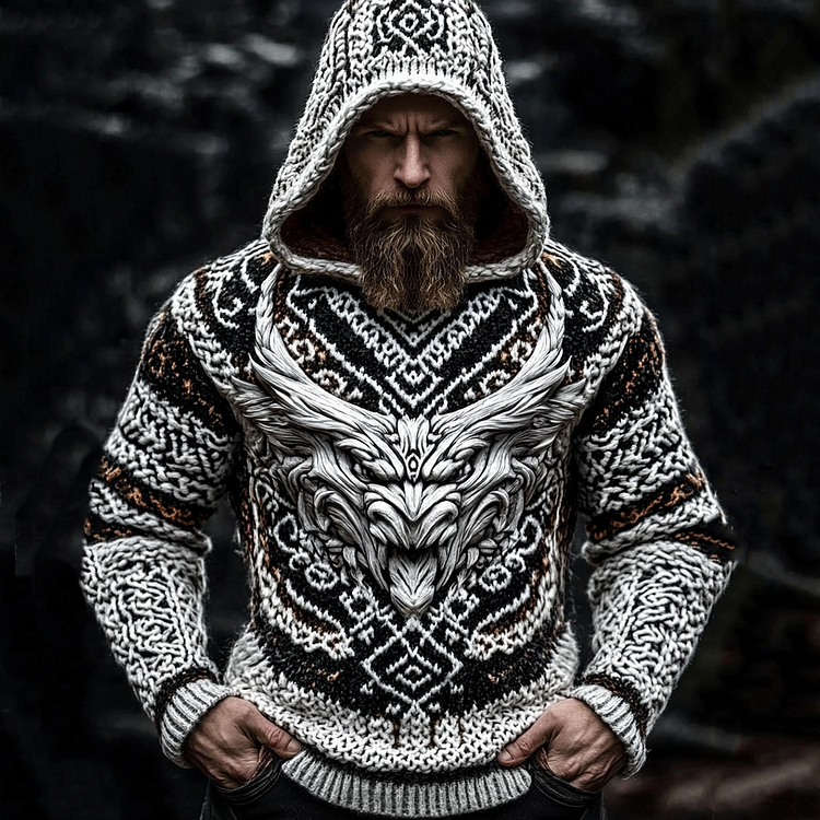 Men's Viking Tribal Dragon Jacquard Celtic Inspired Knit Hooded Sweater