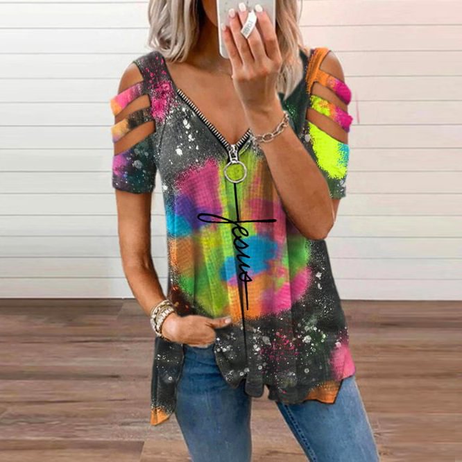 Comstylish Faith Cross Multicolor Tie-Dye Off-The-Shoulder T-Shirt