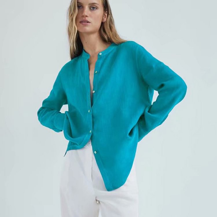 Dark Teal Stand Collar Linen Shirt For Women-ChouChouHome
