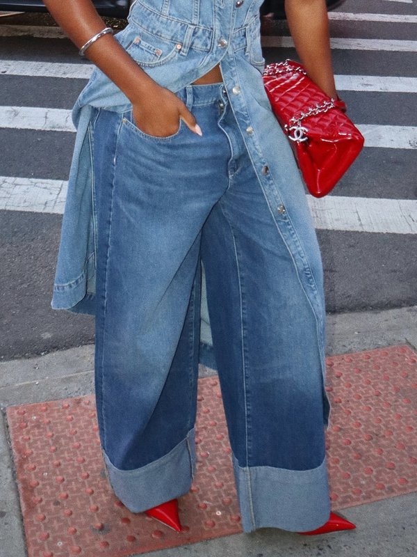 Column Loose Buttoned Solid Color Zipper Jean Pants Bottoms Trousers