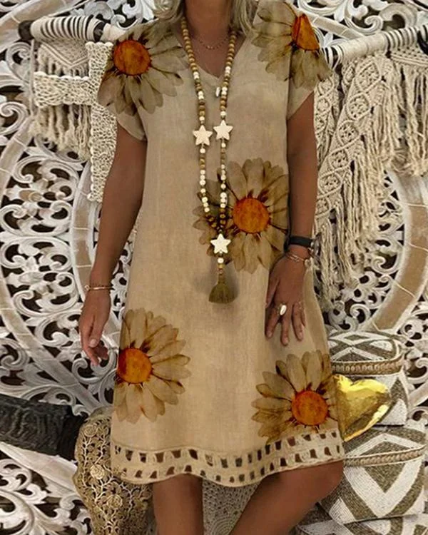 Khaki Cotton Printed V Neck Casual Dresses