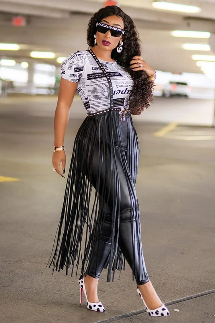 Women Studded Fringe Suspender Faux Leather Belt