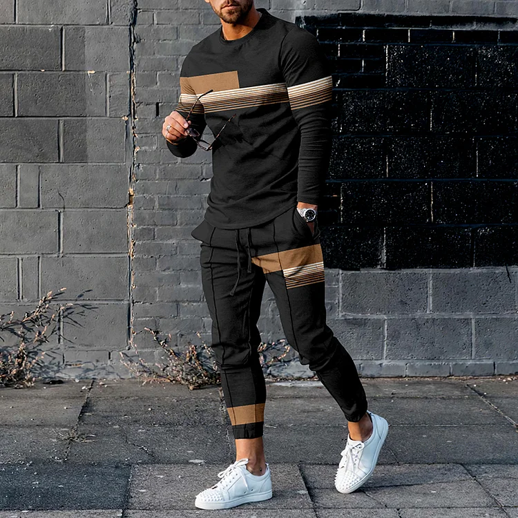 BrosWear Khaki Stripes Contrast Casual Black T-Shirt And Pants Co-Ord