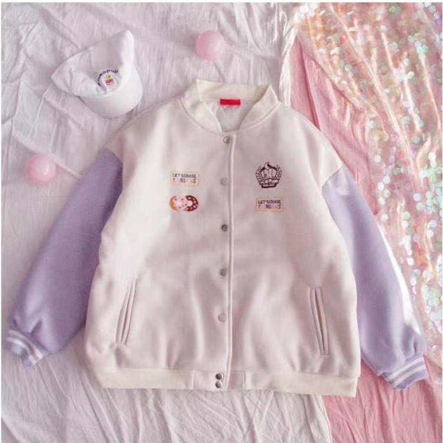 White/Purple Japanese Harajuku Baseball Sweet Short Coat BE440