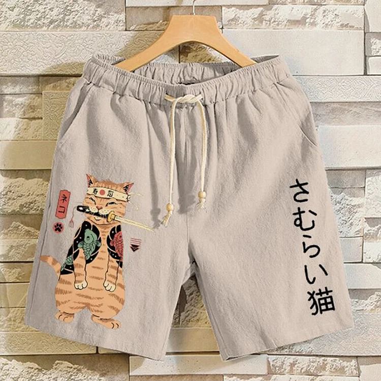 Comstylish Vintage Japanese Cat Art Print Casual Shorts