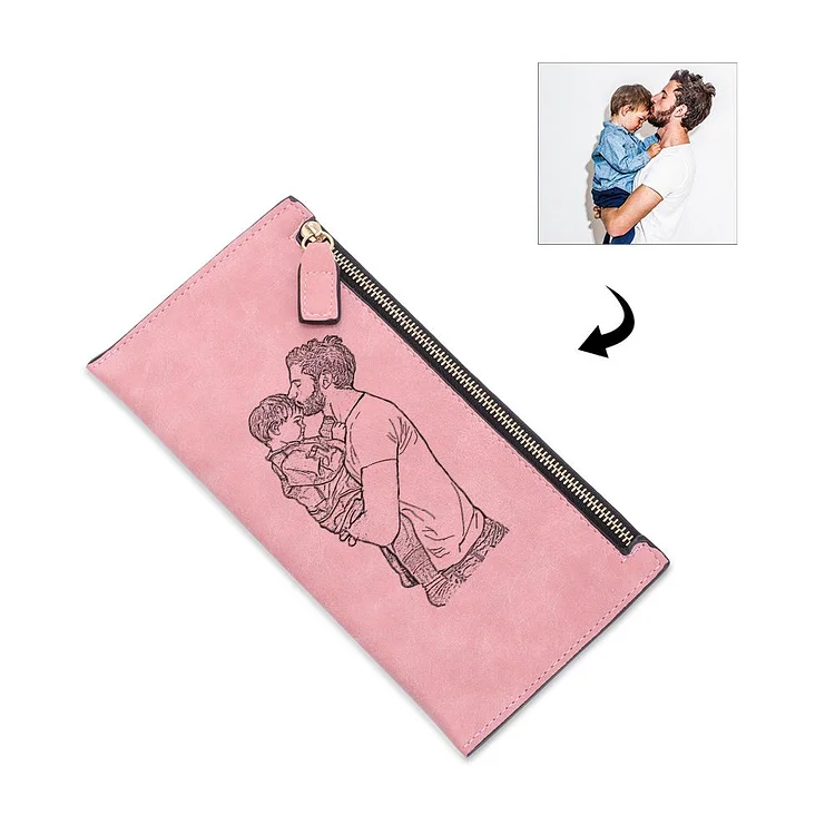 Women's Long Style Personalized Photo Wallet Engraved Zipper Wallet Pink