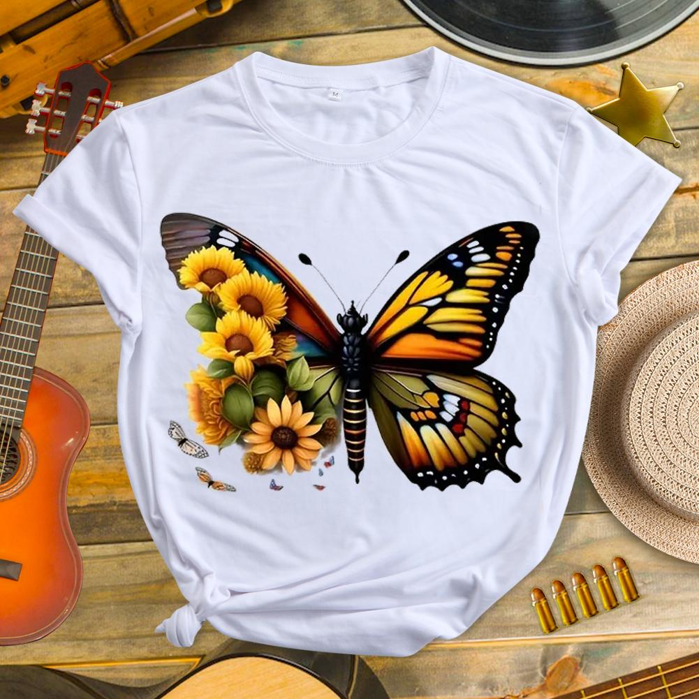 Flower and Butterfly Pattern Neck T-shirt-Guru-buzz