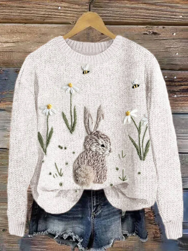 VChics Cute Bunny Embroidery Art Cozy Knit Sweater