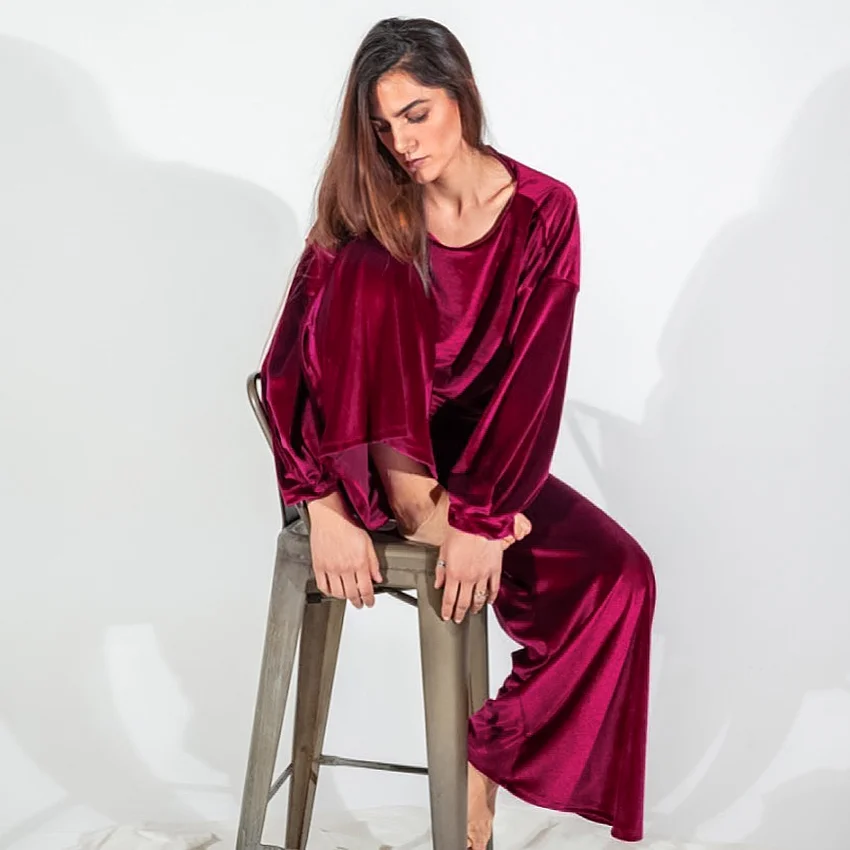 QJONG Velour Sleepwear Women Crop Top Set Woman 2 Pieces High Waist Flare Pants Trouser Suits Loose Winter Pajamas Sets 2022