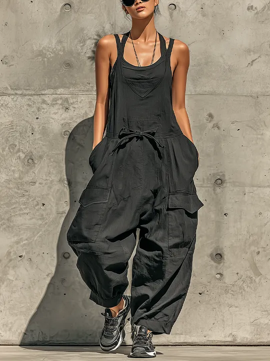 Women’s Black Linen-Blend Sling Drawstring Waist Cargo Pocket Baggy Harem Overalls Jumpsuit