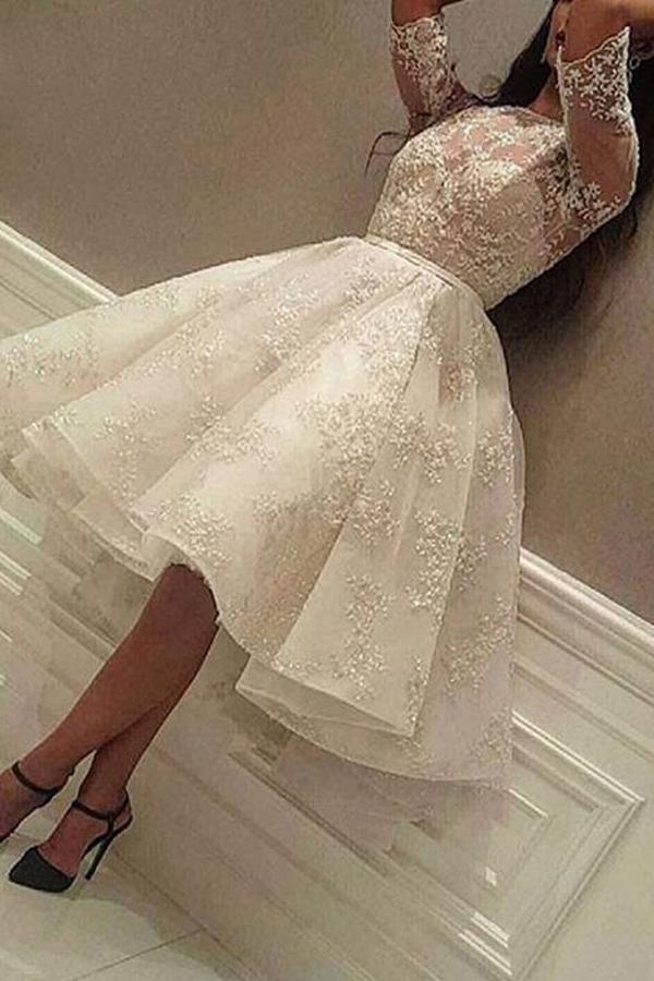 Dresseswow Sleeves Jewel Short Wedding Dresses With Lace Appliques