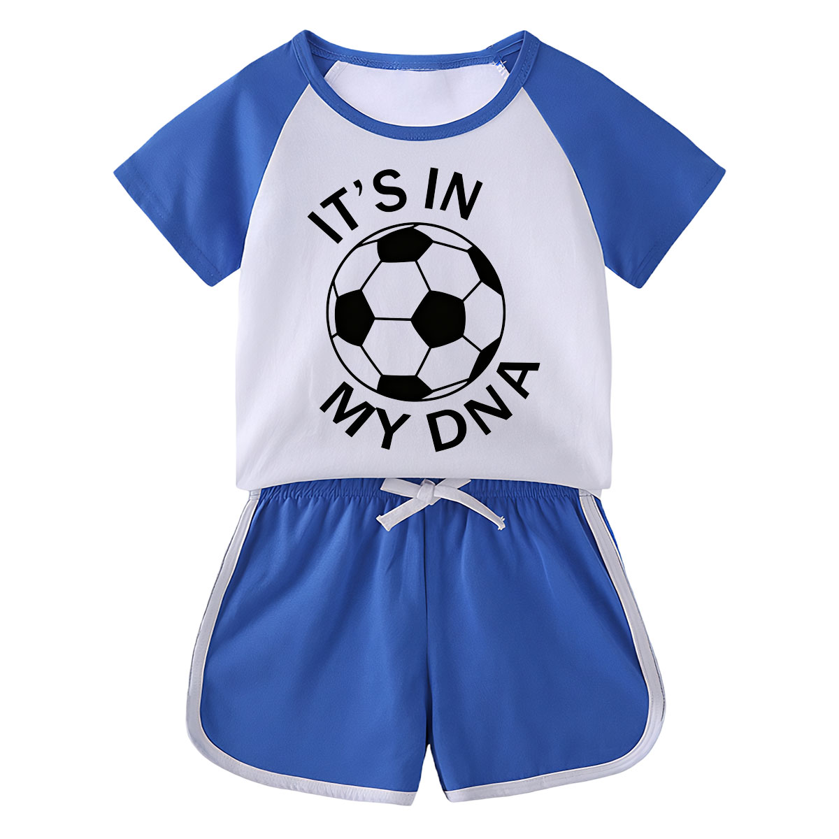 【18M-11Y】Toddler Soccer 'It's In My DNA' 2-Piece Outfit - Sporty Graphic Raglan Top & Shorts Set For Kids