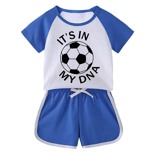 【18M-11Y】Toddler Soccer 'It's In My DNA' 2-Piece Outfit - Sporty Graphic Raglan Top & Shorts Set For Kids