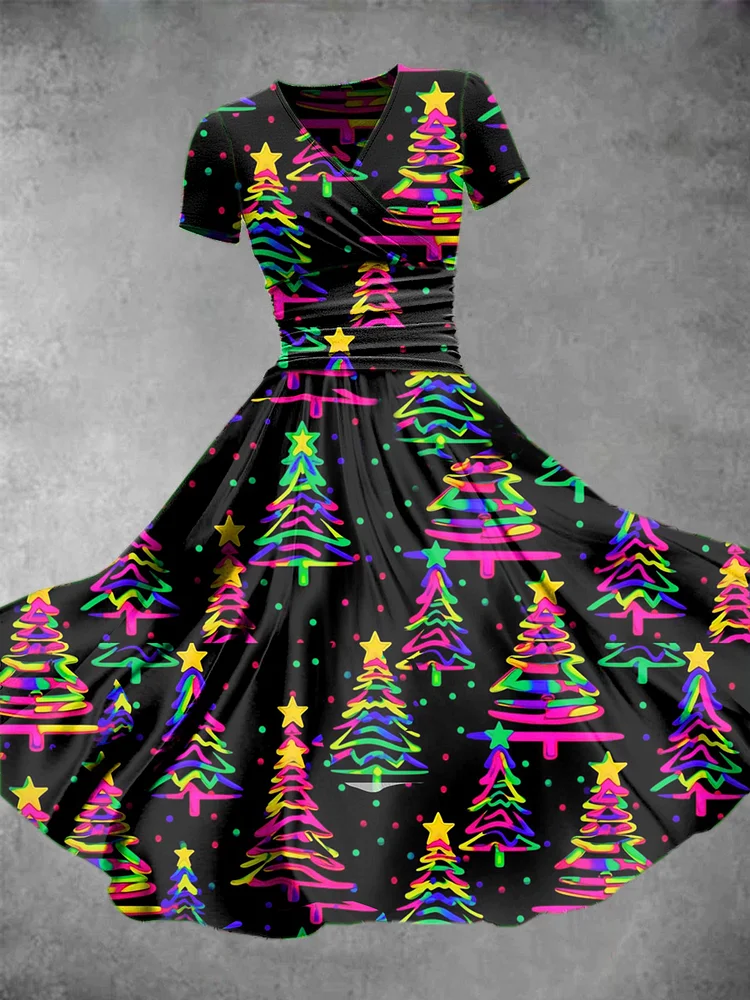 Vintage Christmas Tree Fun And Cute Printed Fashion Dress
